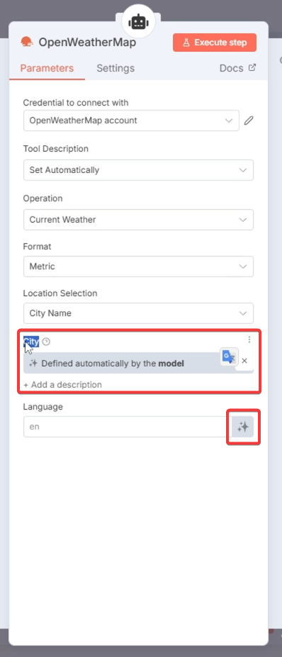 Bật công tắc để AI có thể tự điền tham số City cho tool OpenWeatherMap