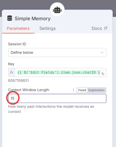 Cấu hình phần Memory trong node AI Agent với Memory Key là chatId