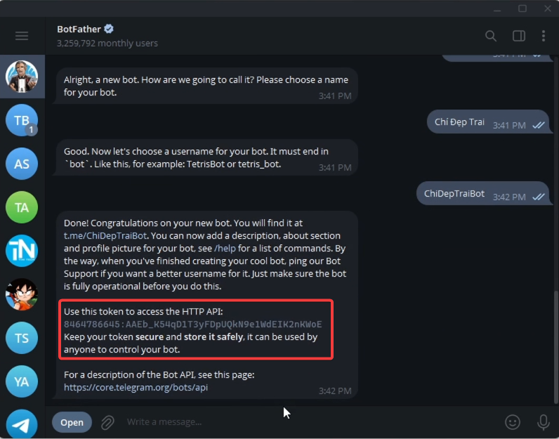 Cuộc trò chuyện với BotFather và dòng API Token được bôi đậm