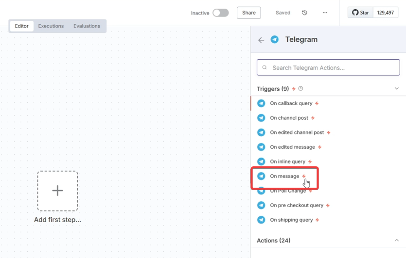 Giao diện n8n với node Telegram Trigger vừa được thêm vào