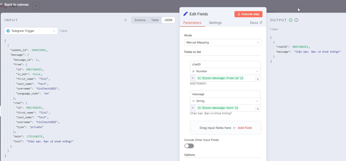 Giao diện node Set đã được cấu hình để lấy ra chatId và message