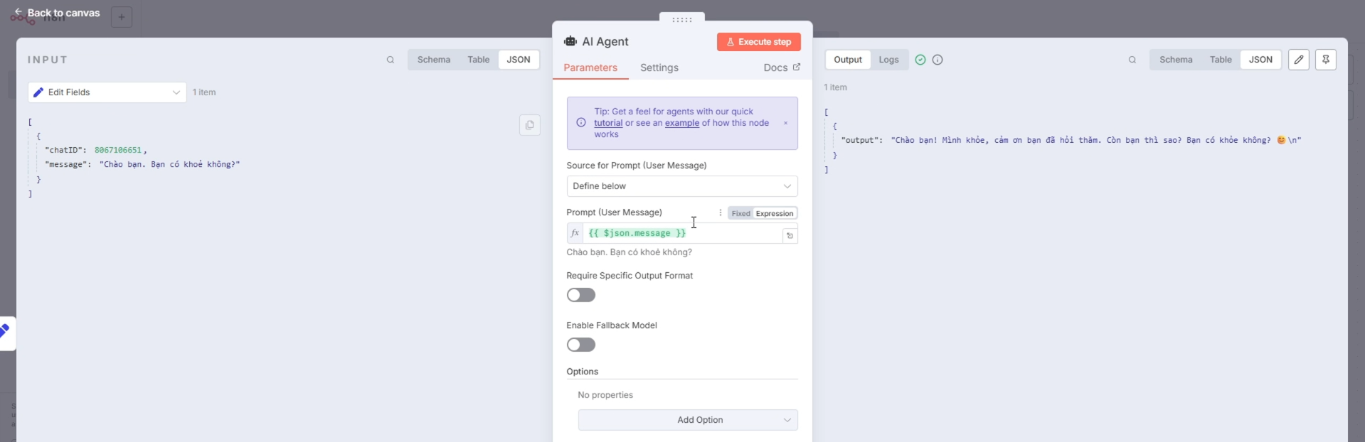 Node AI Agent trả về một đoạn text trả lời từ Gemini
