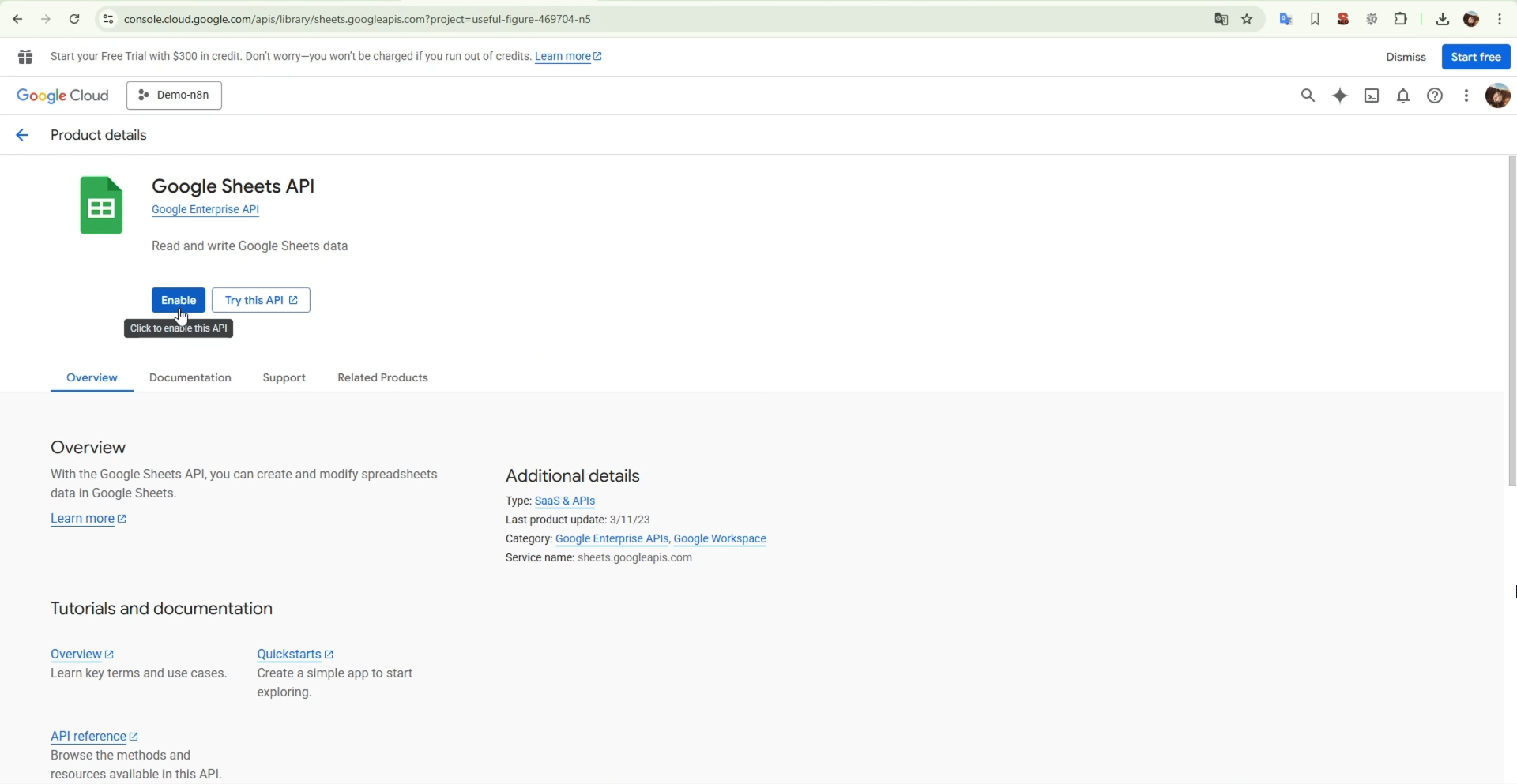 Bạn phải Enable thư viện API Google Sheets API