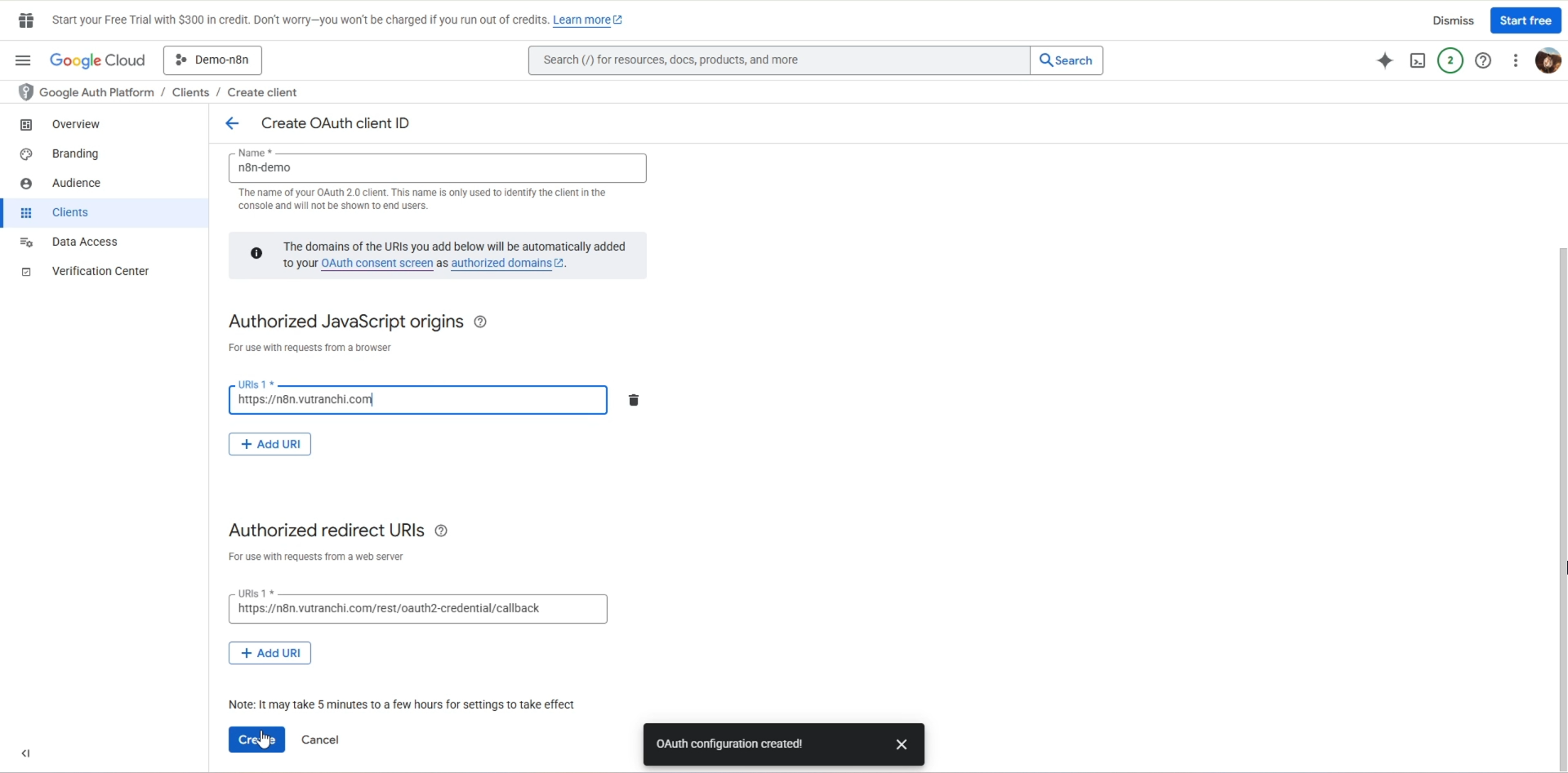 Cửa sổ popup của Google hiện ra Client ID và Client Secret