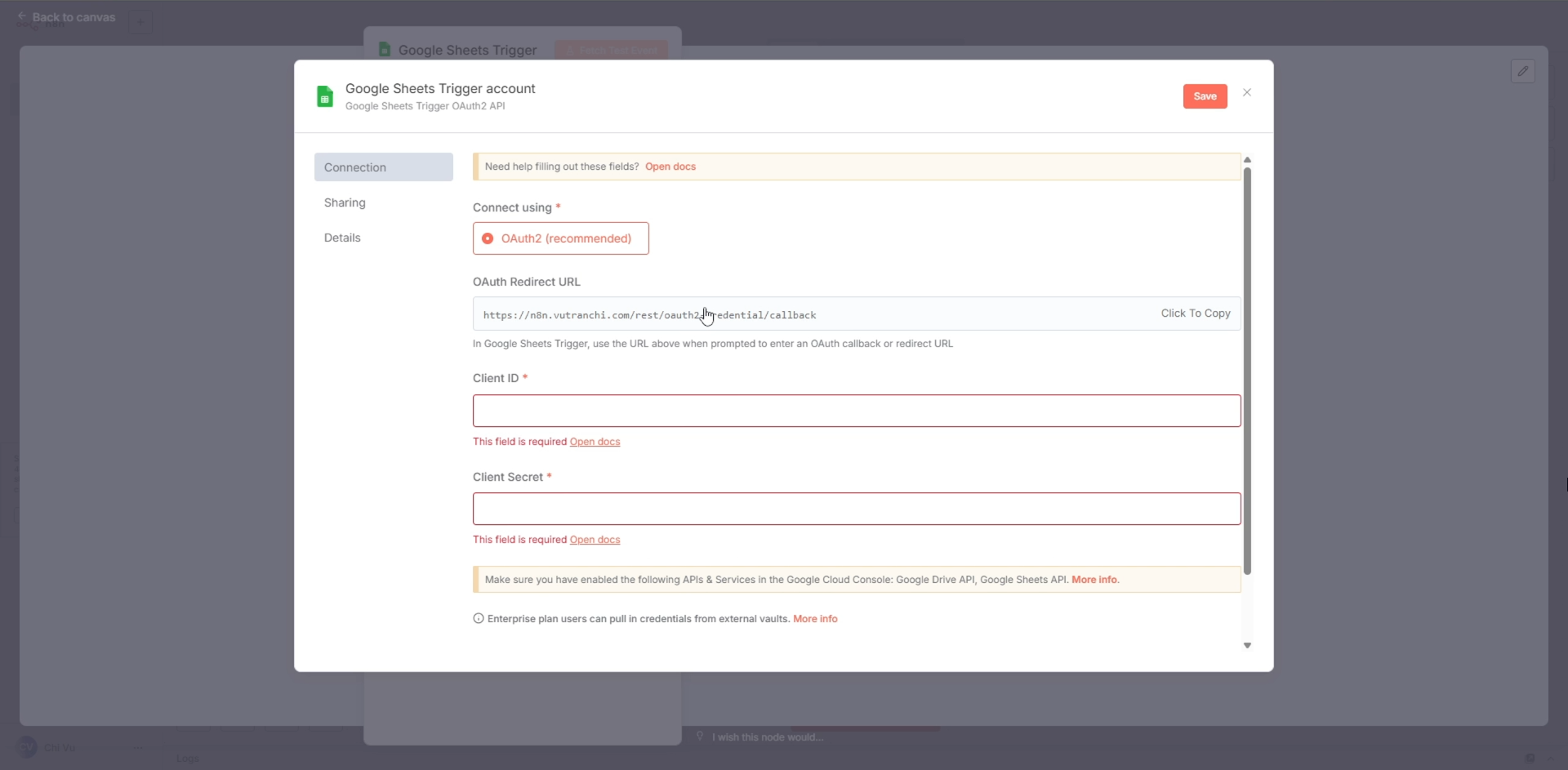 Giao diện n8n đang tạo Google credentials, làm nổi bật ô "Redirect URL" để người dùng copy