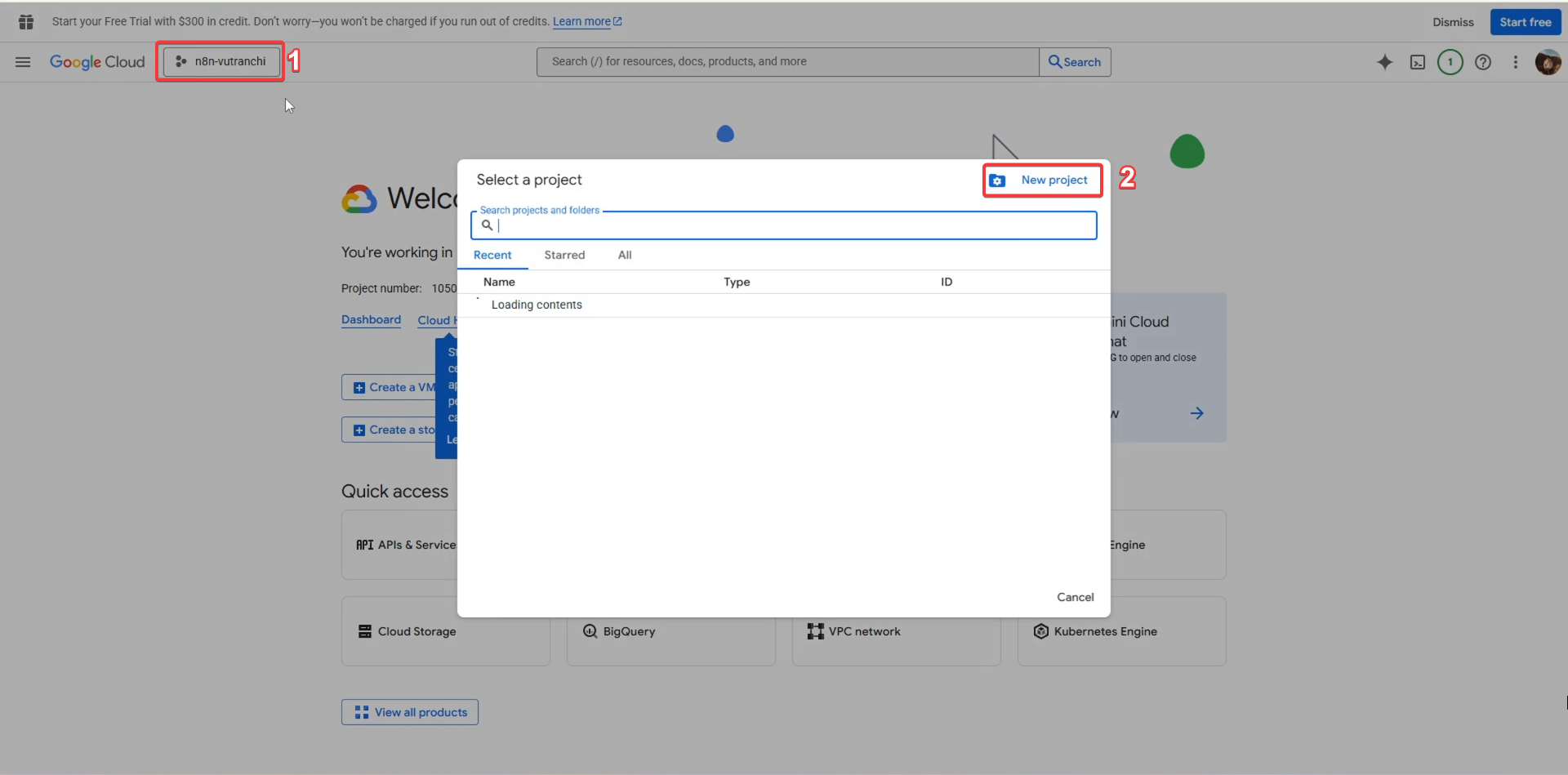 Màn hình Google Cloud Console, khoanh tròn vị trí chọn và tạo project mới.