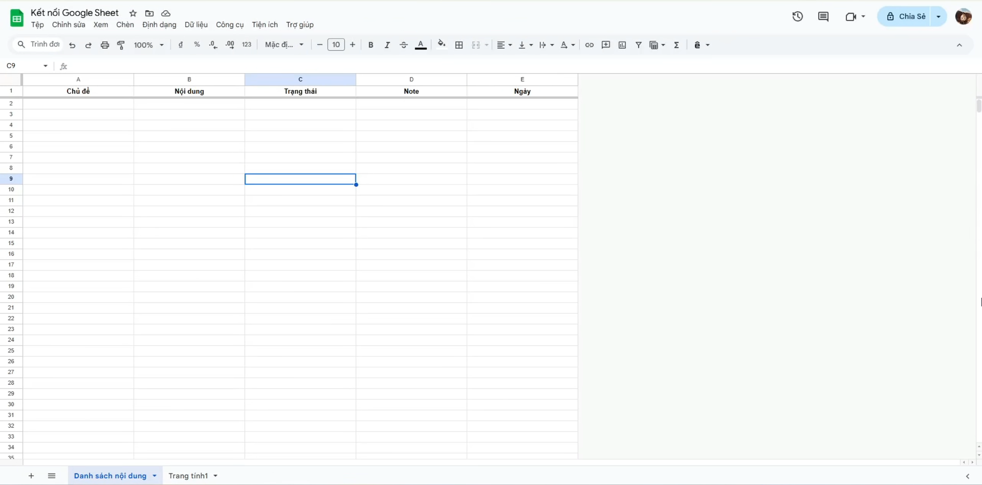 Màn hình Google Sheet với các cột đã được thiết lập
