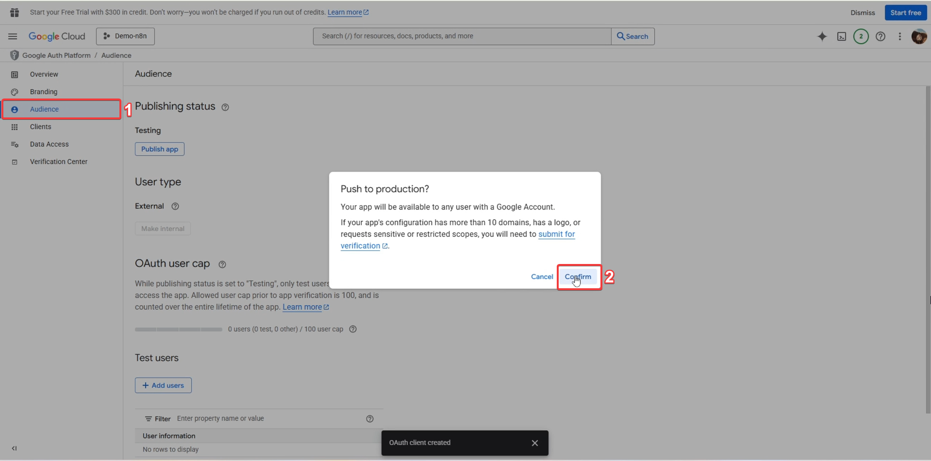 màn hình OAuth consent screen với nút "PUBLISH APP" được khoanh tròn